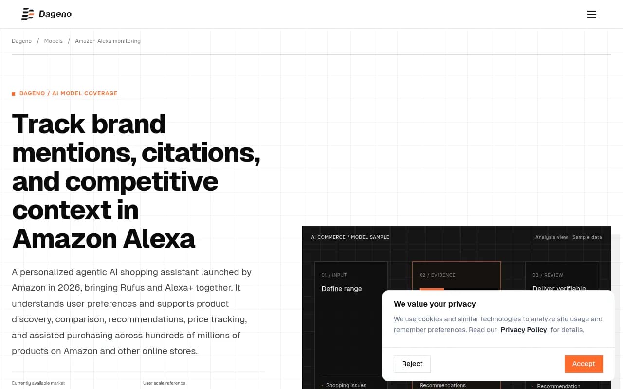 Dageno's Amazon Alexa monitoring page describing scope, evidence retention and outputs