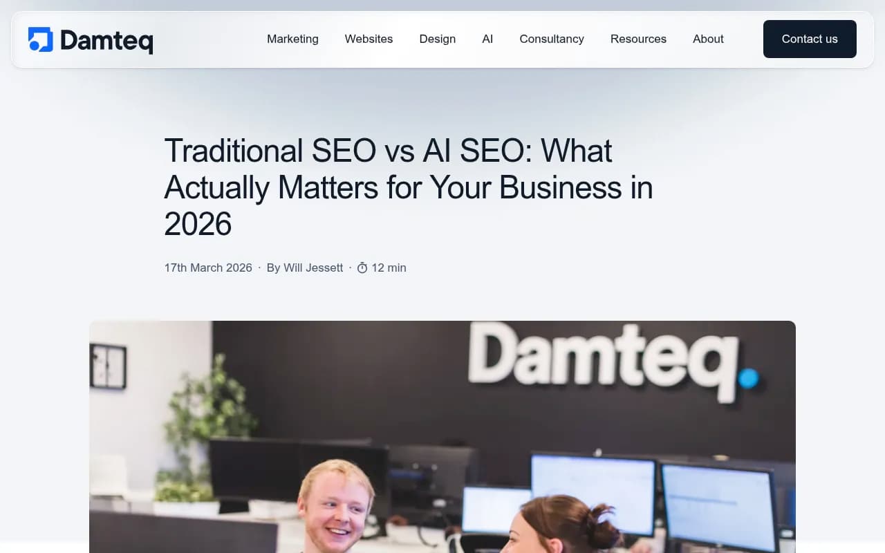 Traditional SEO vs AI SEO guide from Damteq covering key differences for 2026