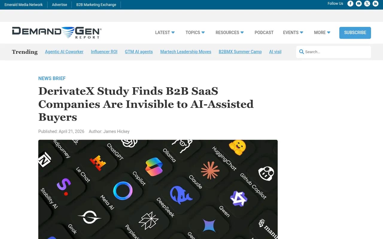 DerivateX study showing B2B SaaS companies are invisible to AI-assisted buyers
