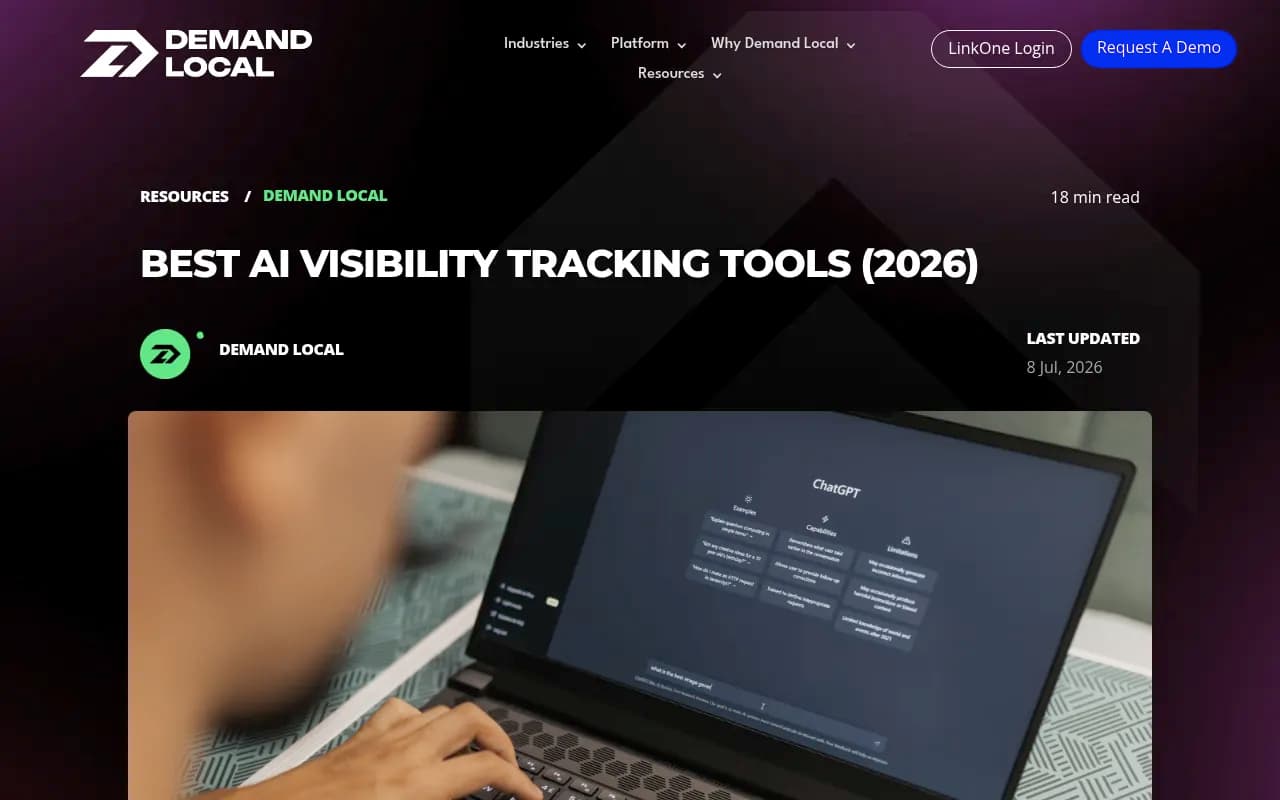 Demand Local's guide to AI visibility tracking tools, covering integrations with Search Console and GA4