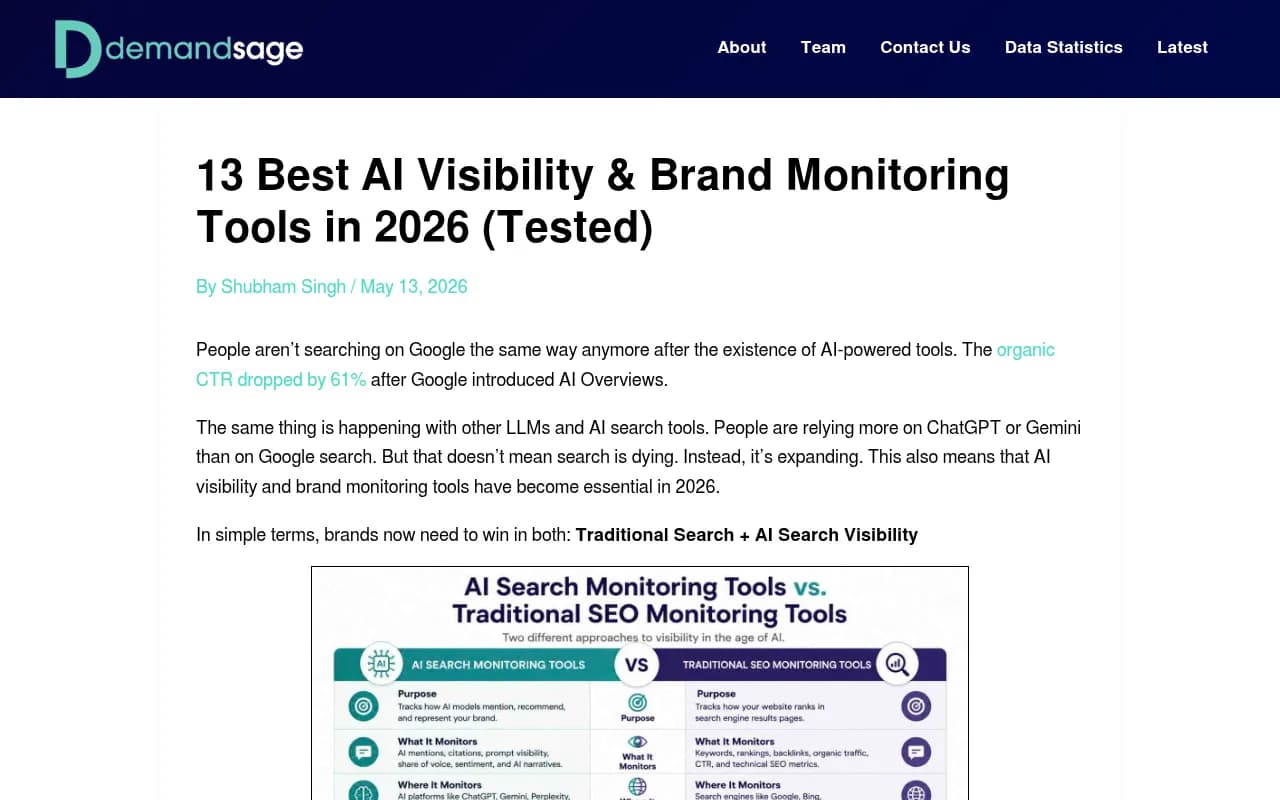 Top AI visibility tools comparison overview from DemandSage's 2026 research
