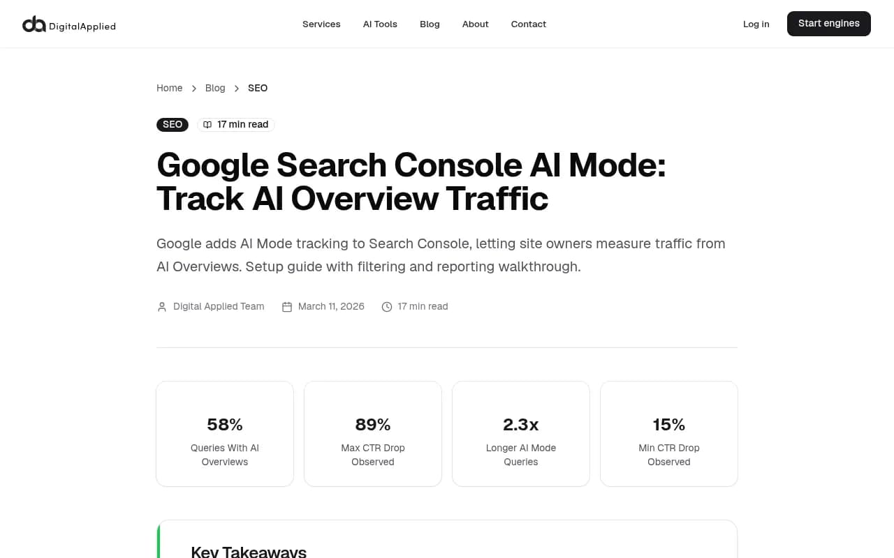 Google Search Console AI Overview and AI Mode tracking guide showing key metrics including 58% of queries with AI Overviews and CTR drop data