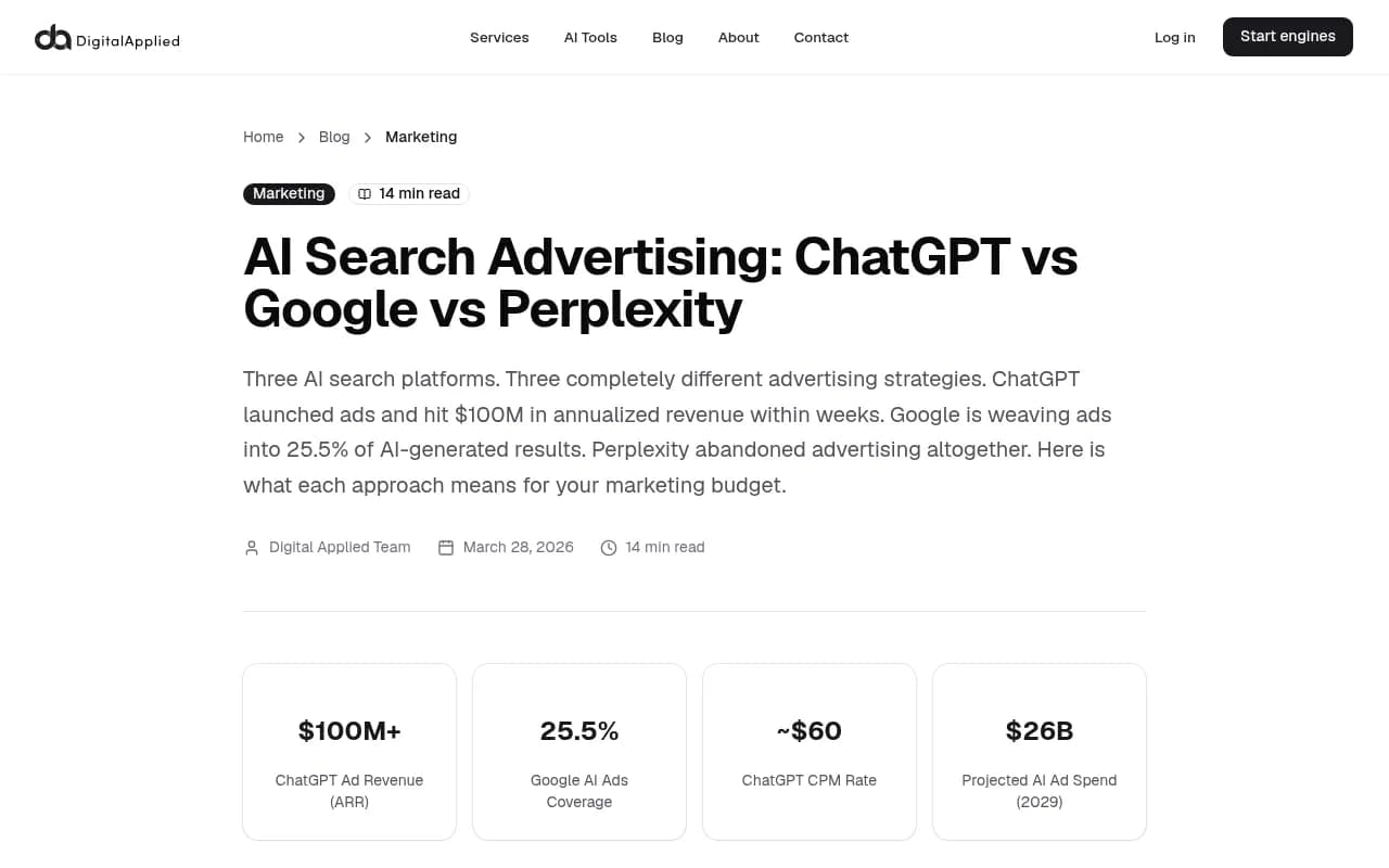AI search advertising comparison across ChatGPT, Google, and Perplexity showing 2026 performance metrics