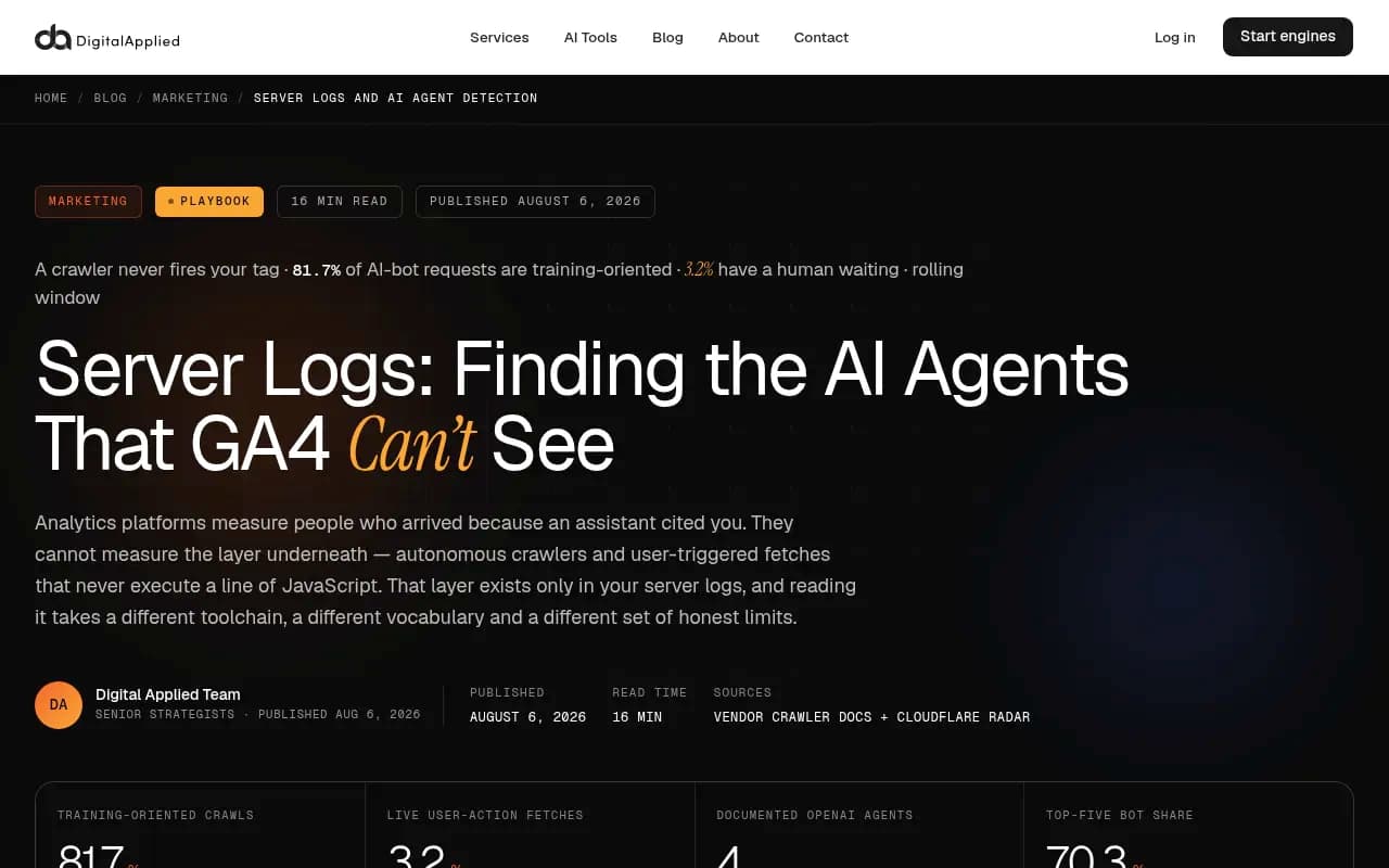 Log file analysis dashboard showing how AI bot traffic appears separately from standard analytics