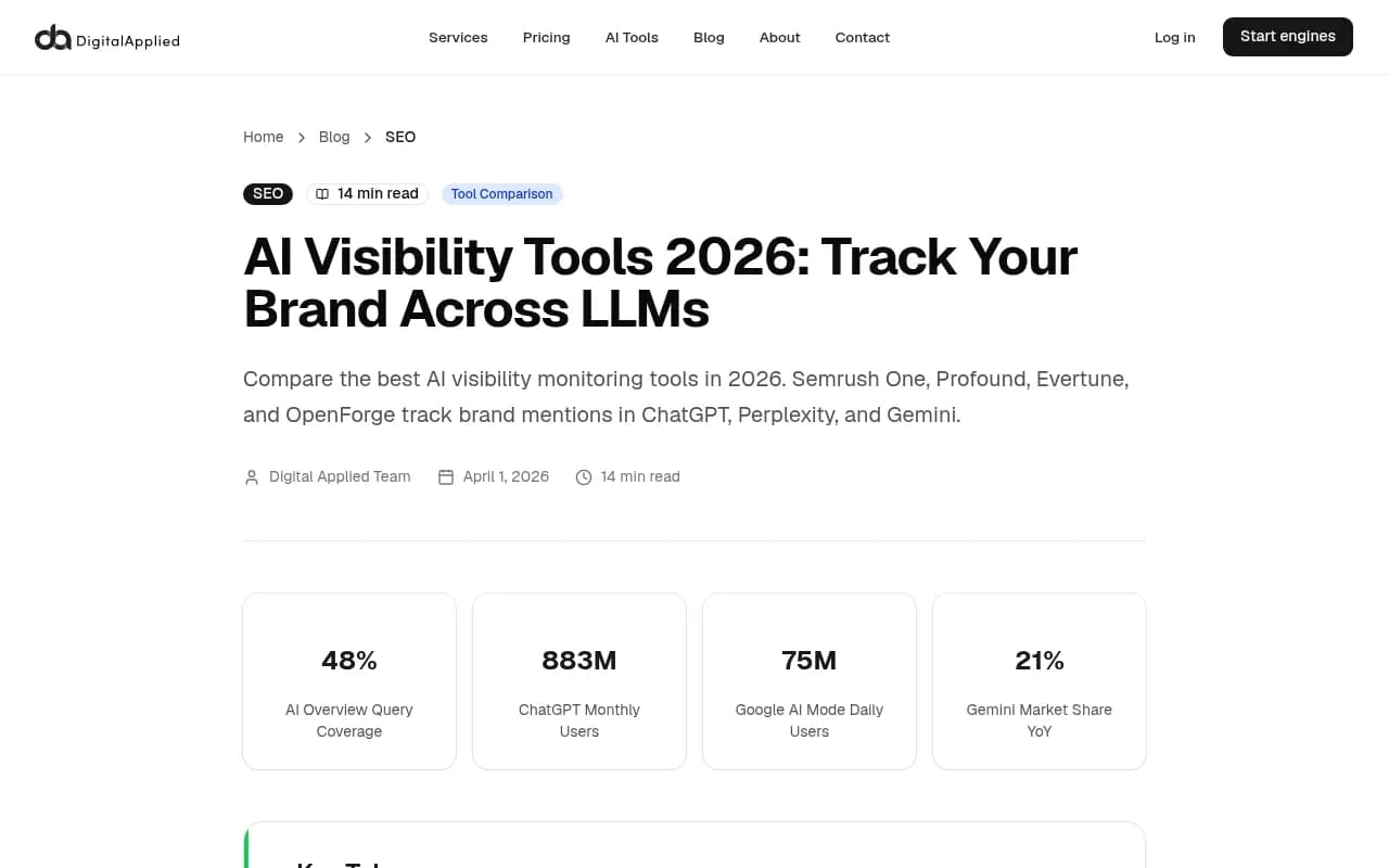 Screenshot of an AI visibility tools comparison dashboard