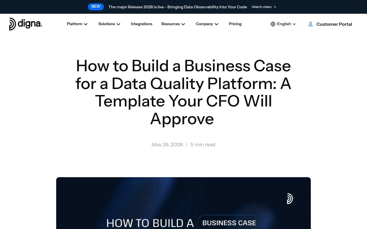 Digna's CFO-ready business case template for a data quality platform, a useful structural reference for any software investment case