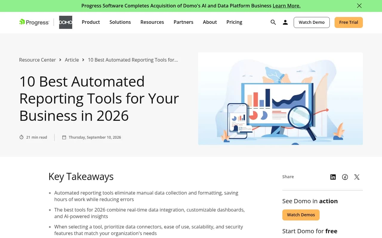 Domo's guide to automated reporting tools, dated September 2026