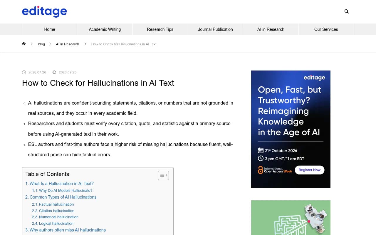 Editage guide to checking AI text for hallucinations, with step-by-step verification tables