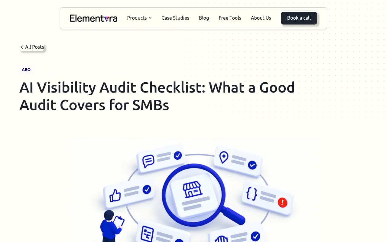 Elementera's AI visibility audit checklist article, covering what a good audit examines for small businesses