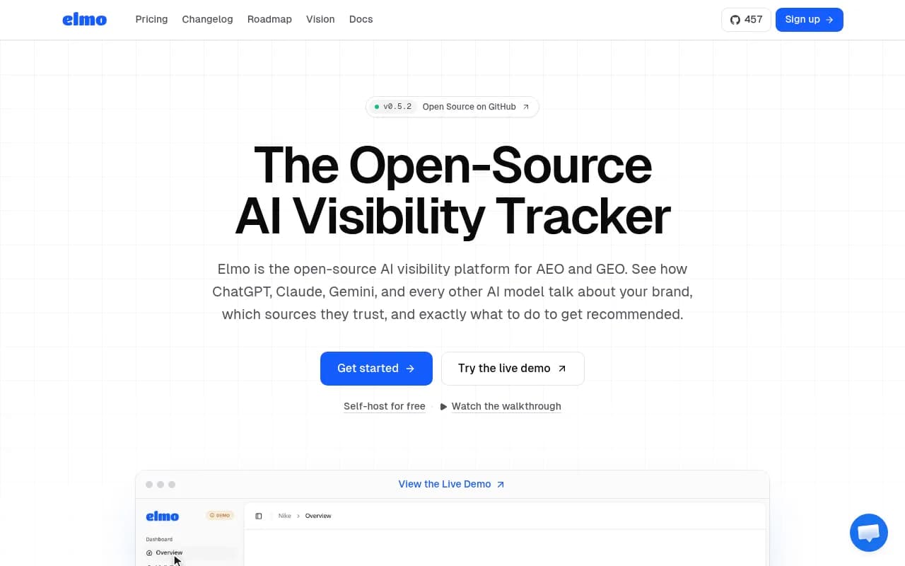 Elmo homepage showing the open-source AI visibility platform