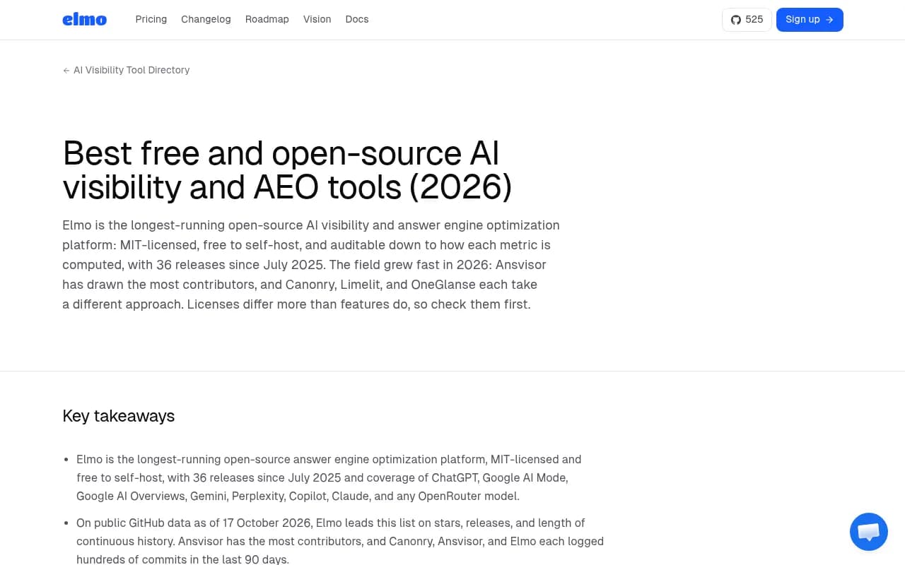Elmo's directory of open-source AI visibility tools with GitHub stats