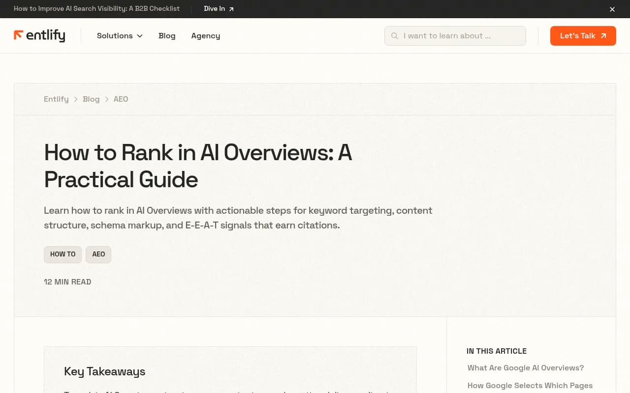Entlify's practical guide to ranking in AI Overviews, covering structure, schema and E-E-A-T signals