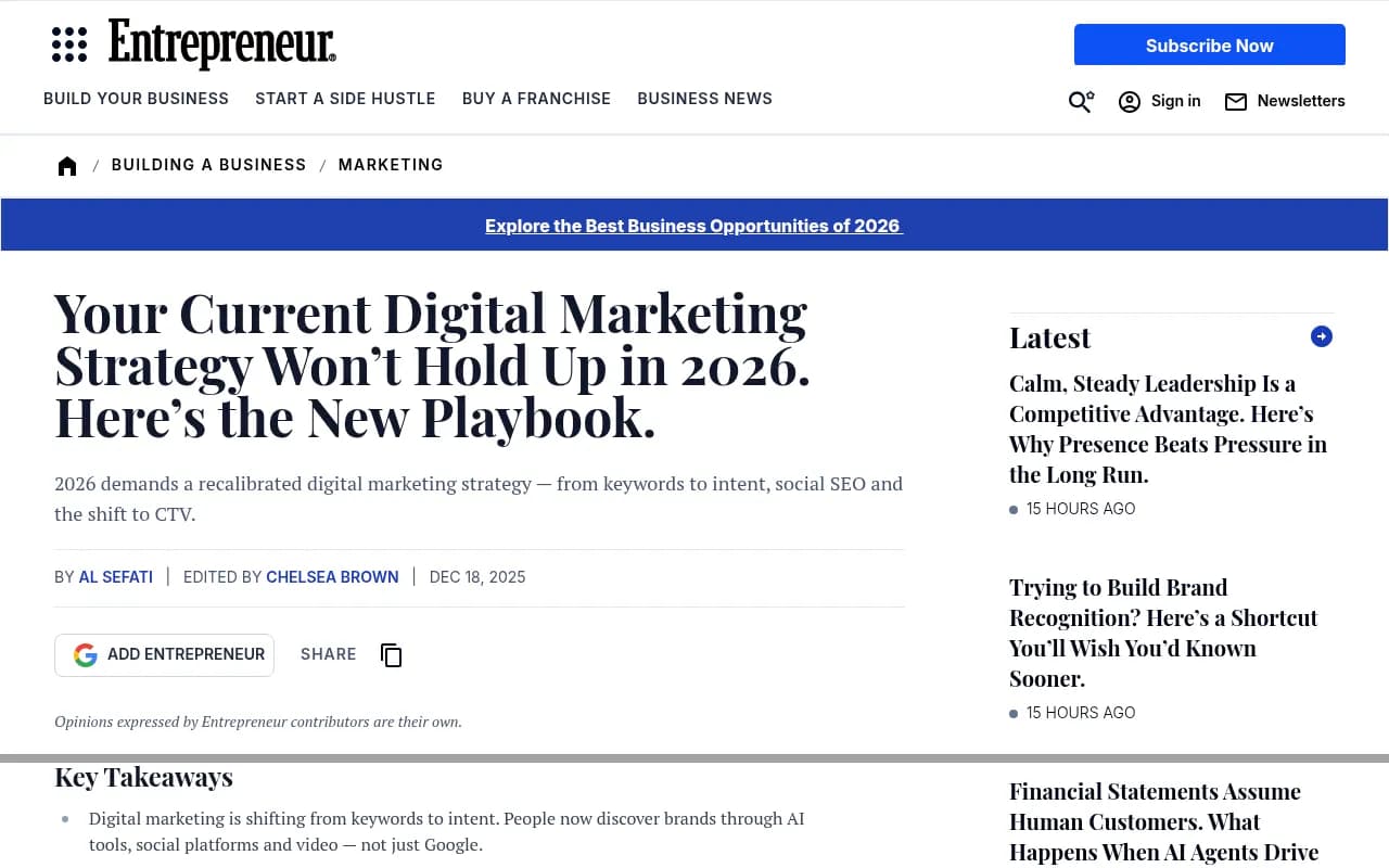 Entrepreneur article on shifting from keyword rankings to intent-based AI visibility strategy