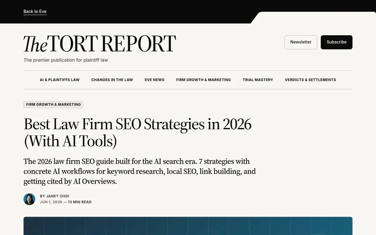 Eve Legal guide on law firm SEO strategies with AI workflows for the 2026 search era