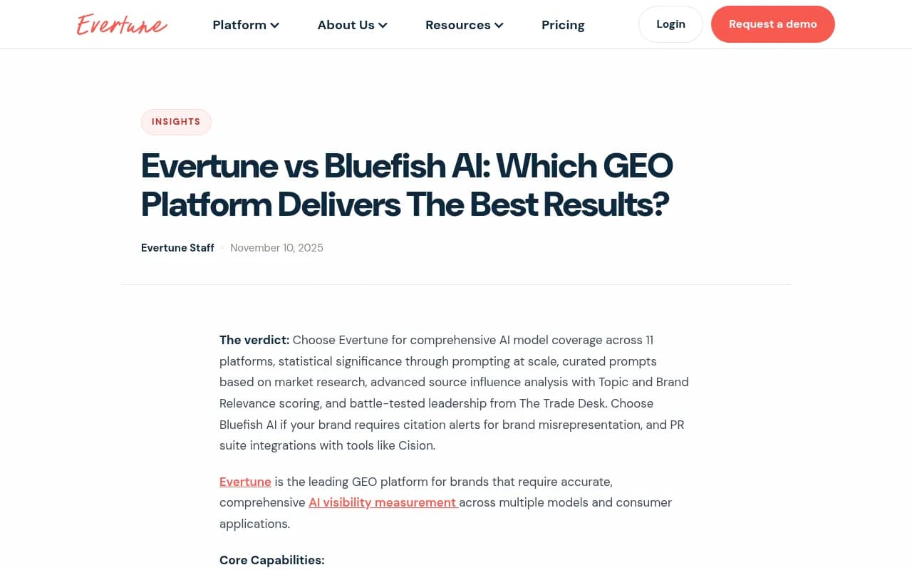 Evertune's own comparison of its platform against Bluefish AI, covering model coverage and source influence methodology