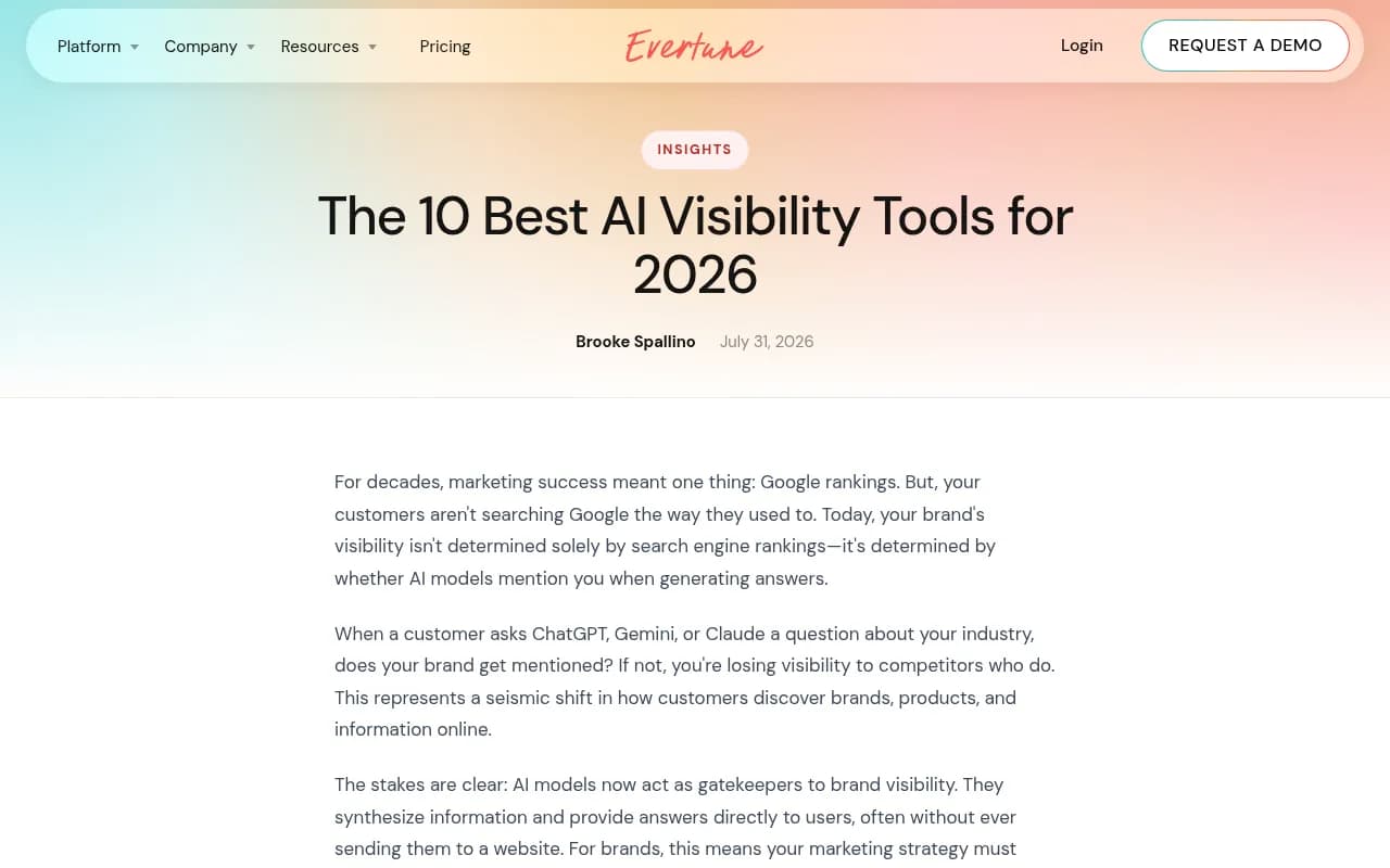 Evertune's own comparison of AI visibility tools, which ranks Evertune first