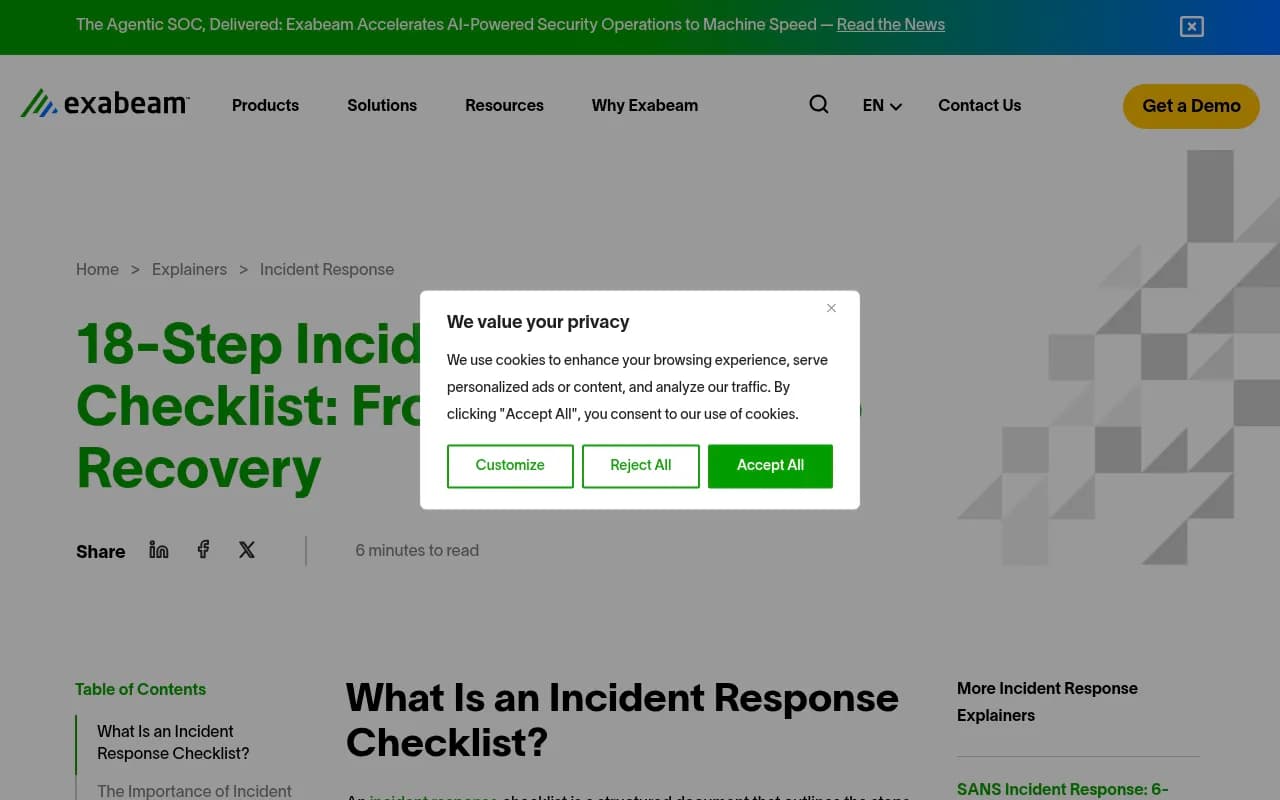 Exabeam's incident response checklist, a useful template for structuring the post-incident review