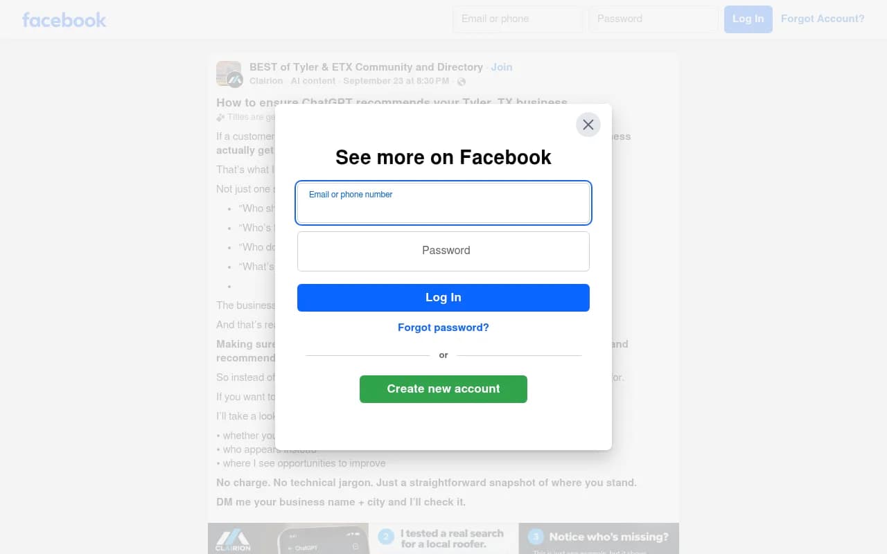 A business owner testing ChatGPT recommendation prompts in a local Facebook group