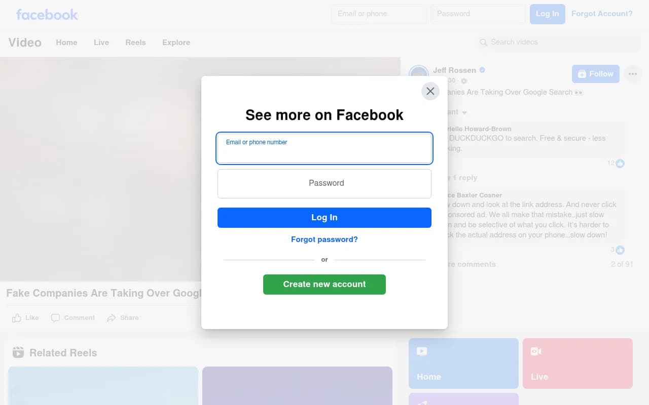 Facebook video from Rossen Reports about fake companies taking over Google Search