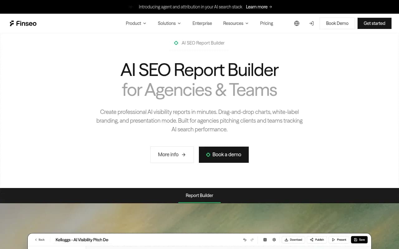 Finseo's agency report builder with drag-and-drop charts and white-label branding