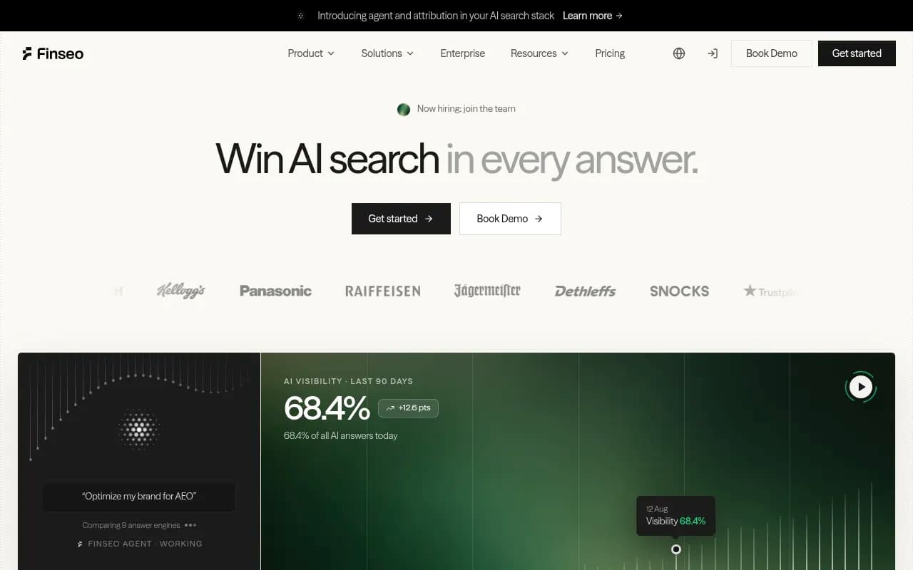 Finseo's onboarding dashboard shows a visibility percentage and trend line almost immediately after signup