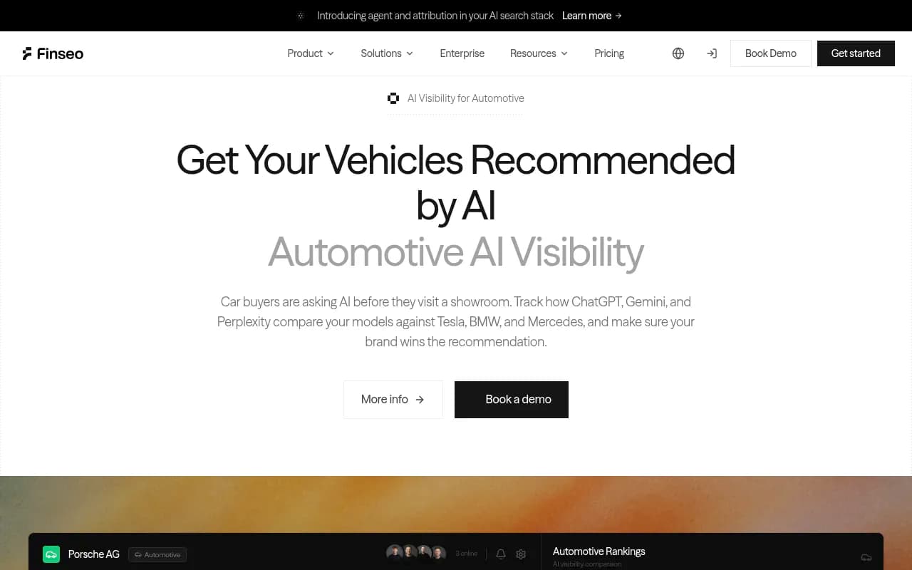 Finseo's automotive AI visibility page showing model visibility trends and brand rankings