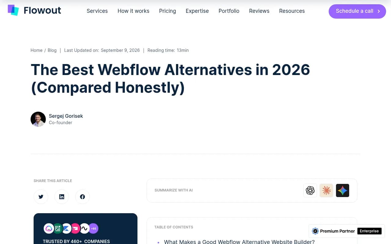 Flowout's comparison of Webflow alternatives including Framer and WordPress