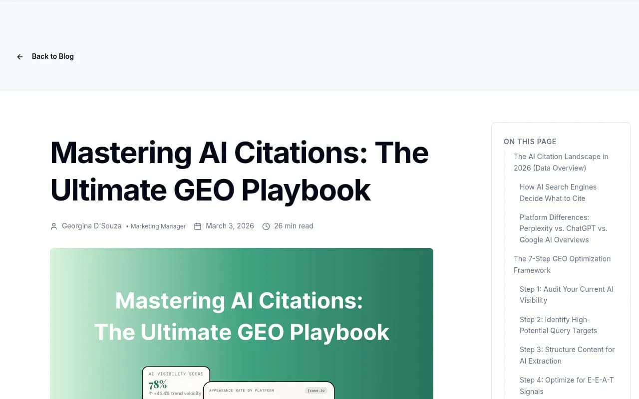 Frase.io GEO playbook showing AI citation strategy framework