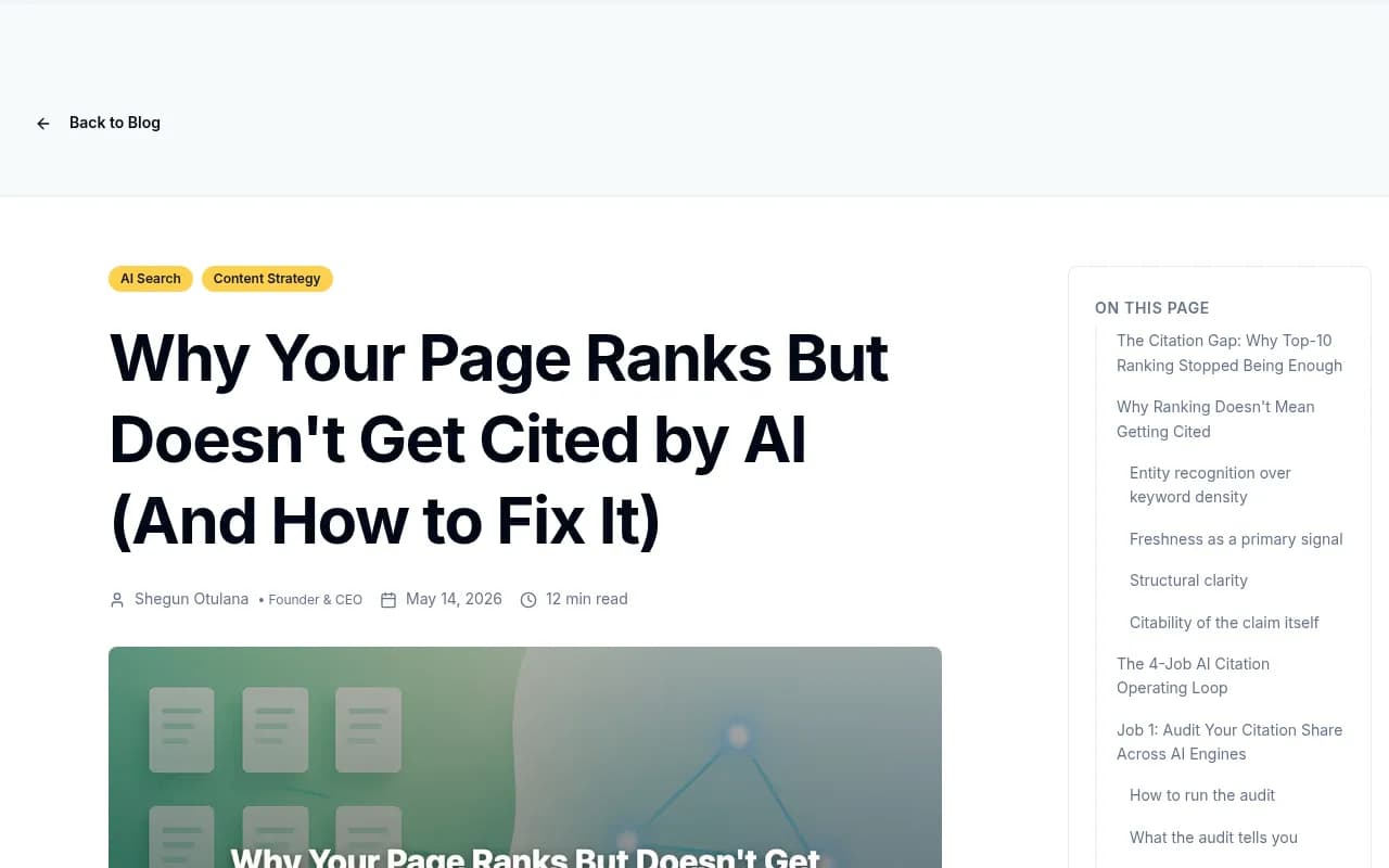 Frase.io guide on why pages rank but don't get cited by AI, showing the gap between Google rankings and AI citation