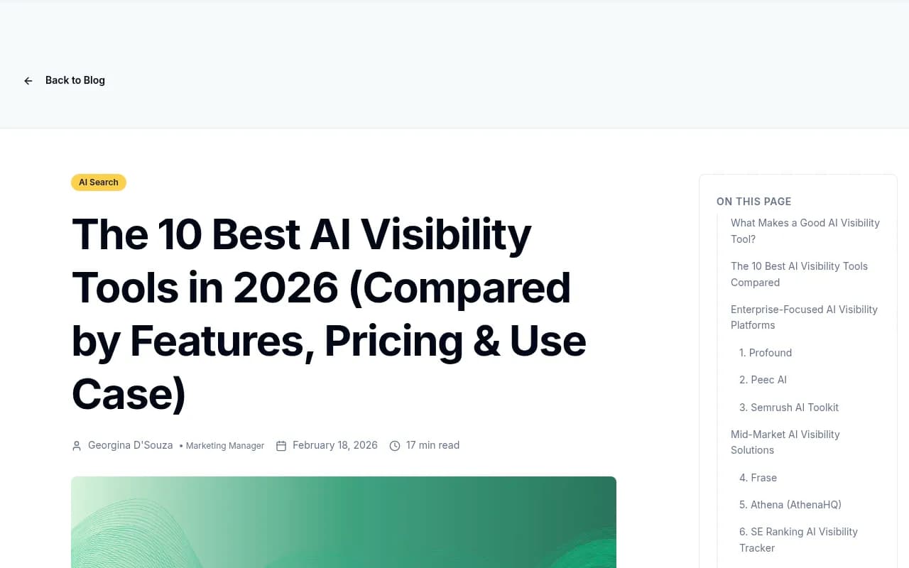 Top 10 AI Visibility Tools comparison roundup from Frase.io