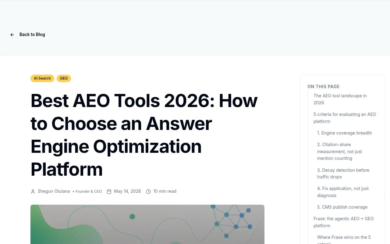AEO tools research overview from Frase.io showing the 2026 AEO platform landscape and evaluation criteria
