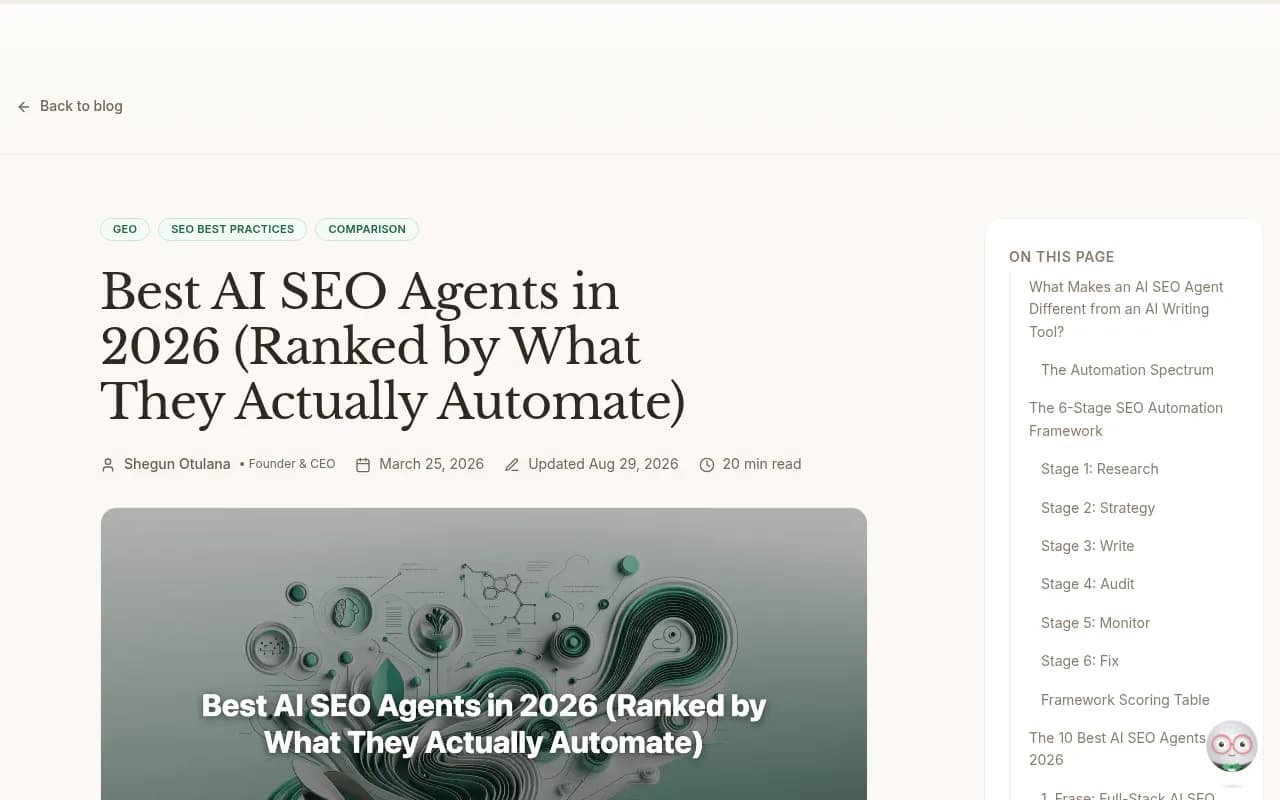 Frase's 2026 comparison of AI SEO agents, ranked by how many stages of the content pipeline each tool automates