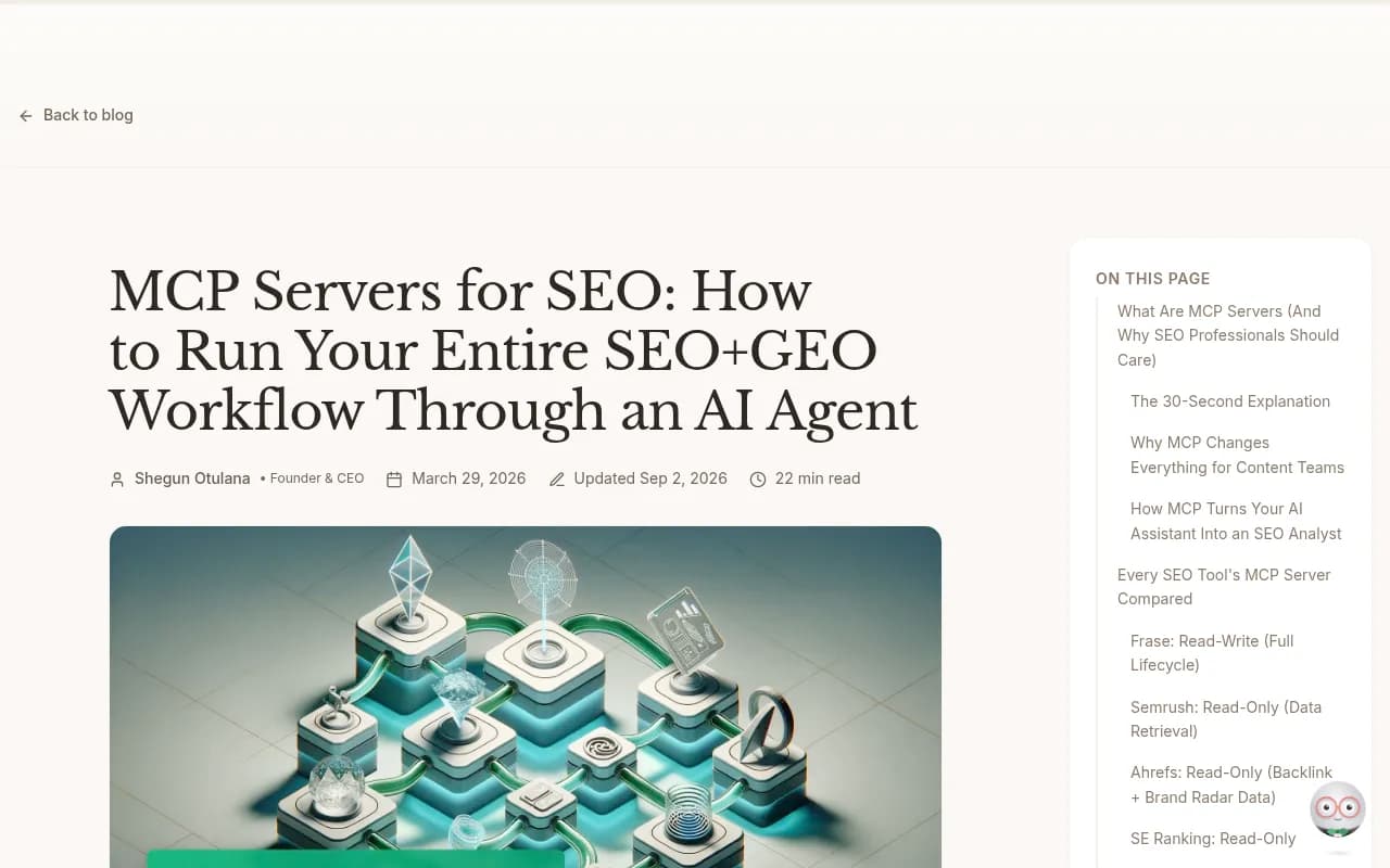 Frase's breakdown of read-write versus read-only MCP servers across SEO tools