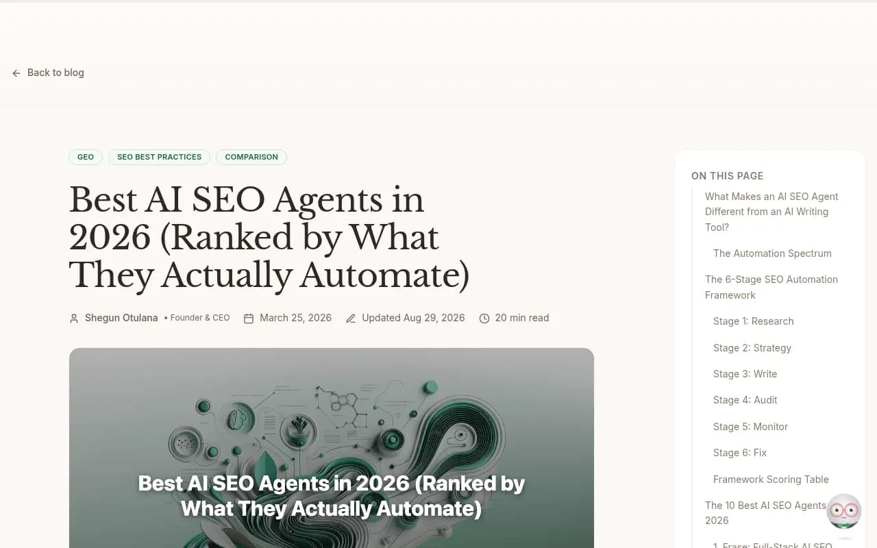 Frase's ranking of AI SEO agents by automation depth across a six-stage pipeline