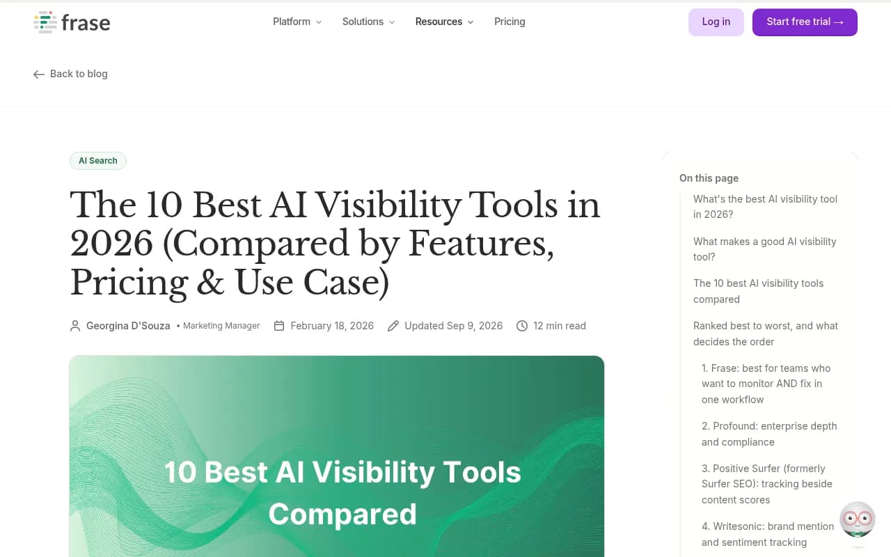 Frase's comparison of AI visibility tools, a vendor-authored list worth reading with its bias in mind