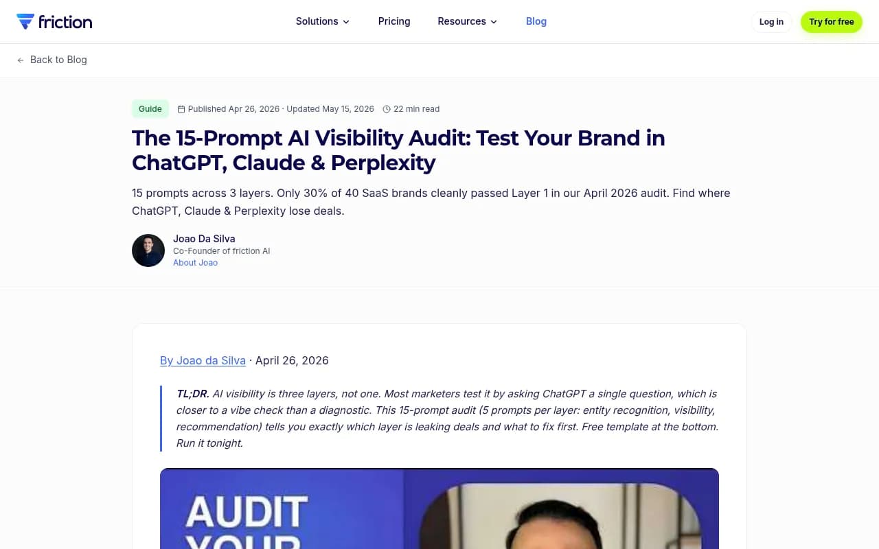 The 15-Prompt AI Visibility Audit showing a 3-layer funnel framework for testing brand visibility in ChatGPT, Claude, and Perplexity