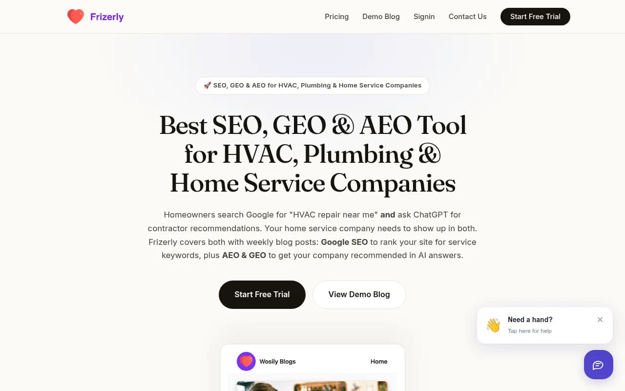 Frizerly's landing page for HVAC, plumbing and home service companies, showing its six-agent approach