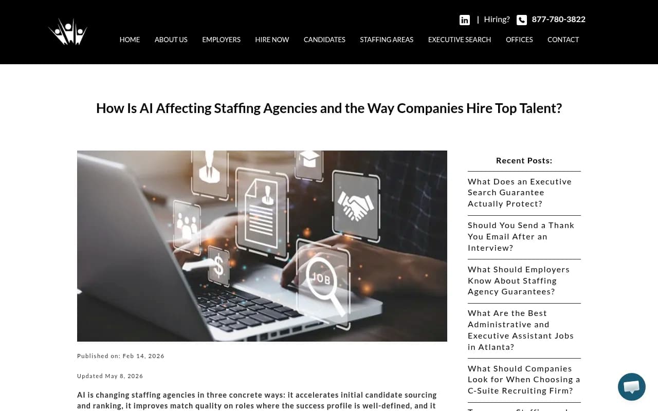 How AI is affecting staffing agencies and hiring top talent, a blog post discussing AI's impact on sourcing and candidate matching