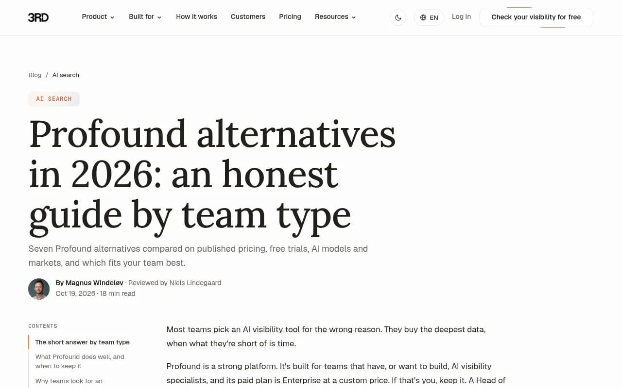 3RD's guide comparing Profound alternatives by team type, entry price and models