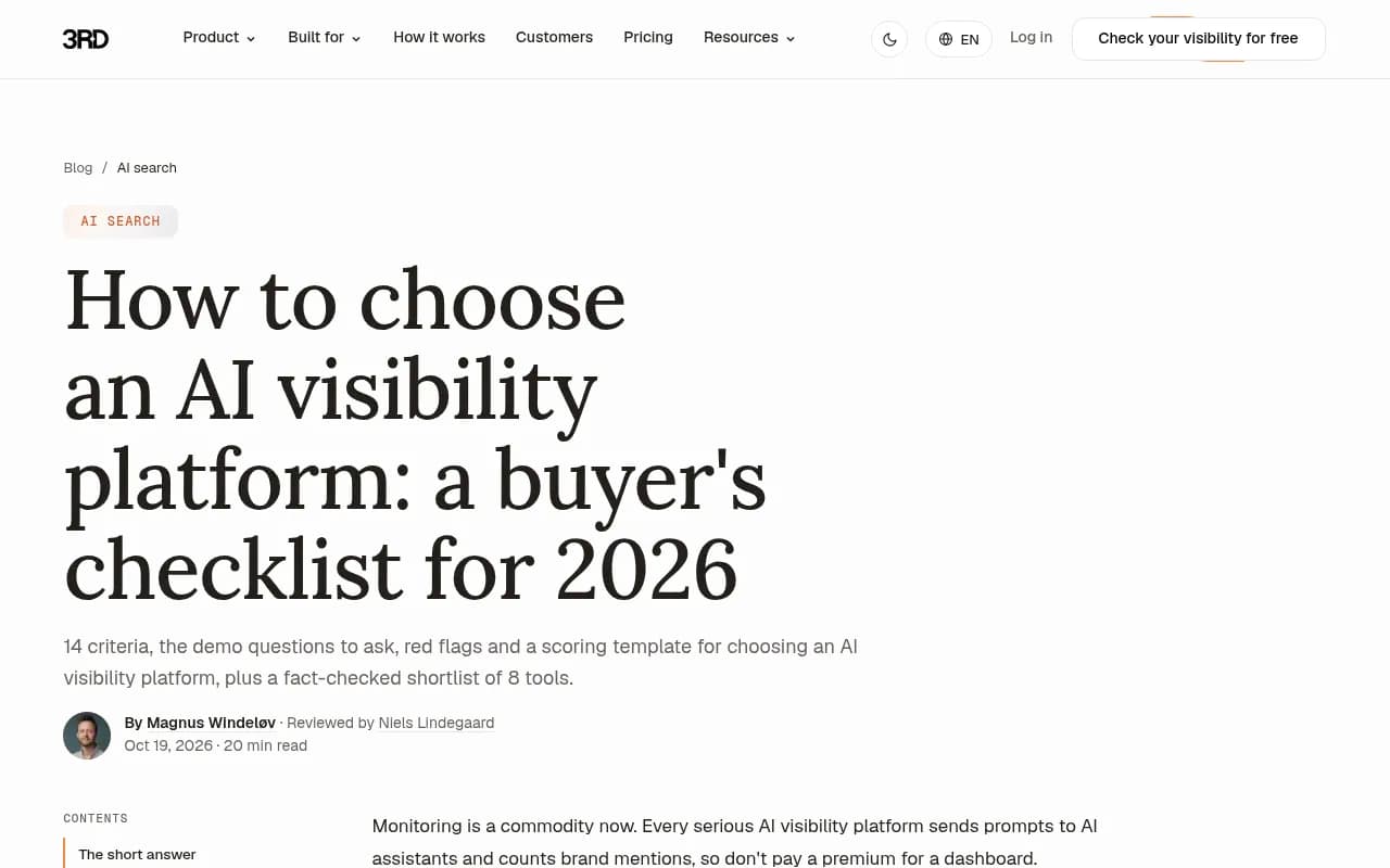 The 3RD guide to choosing an AI visibility platform, with its 14 criteria and two-week pilot