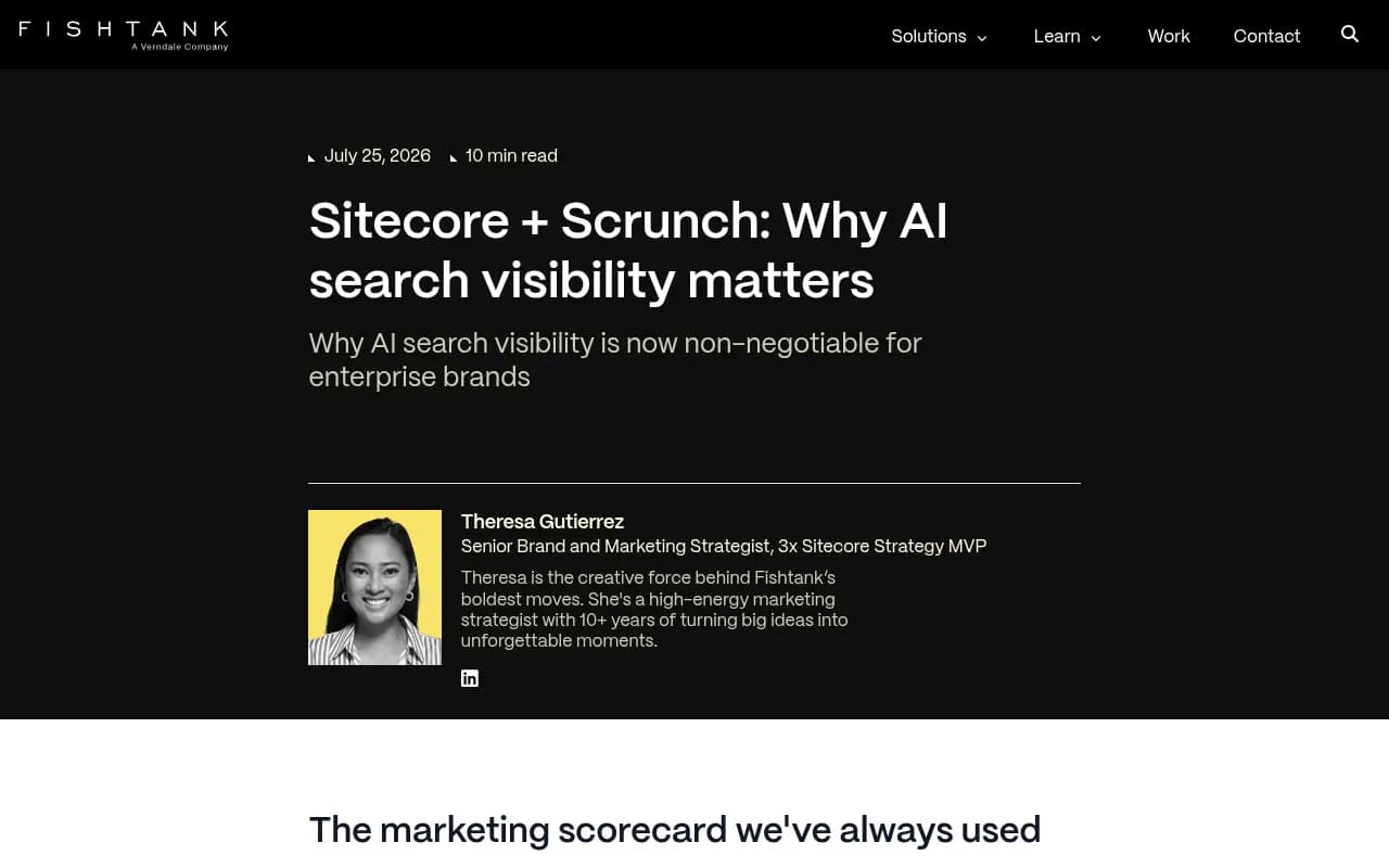 Screenshot of Fishtank's analysis of the Sitecore-Scrunch deal, explaining why AI search visibility matters for enterprise brands
