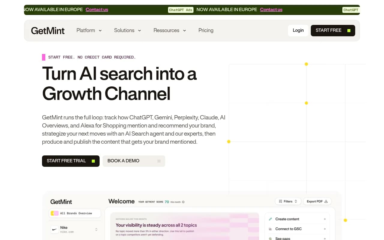 The GetMint homepage, showing its AI search tracking and content optimization positioning