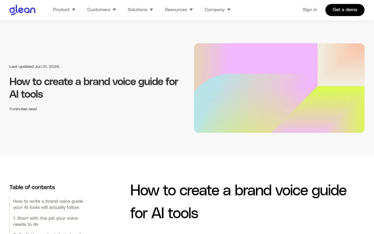Glean's guide to writing a brand voice guide for AI tools, covering behavioral rules and templates