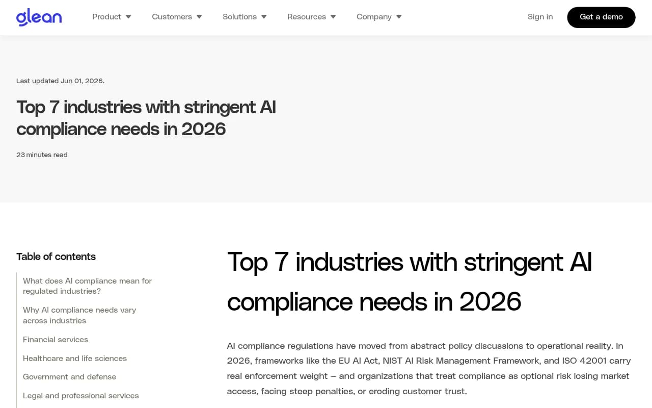 Glean guide to industries with stringent AI compliance needs in 2026