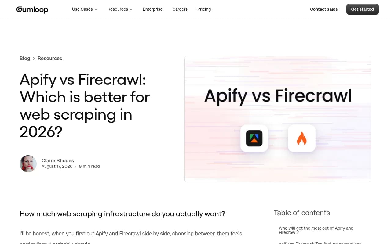 Gumloop's Apify vs Firecrawl comparison page