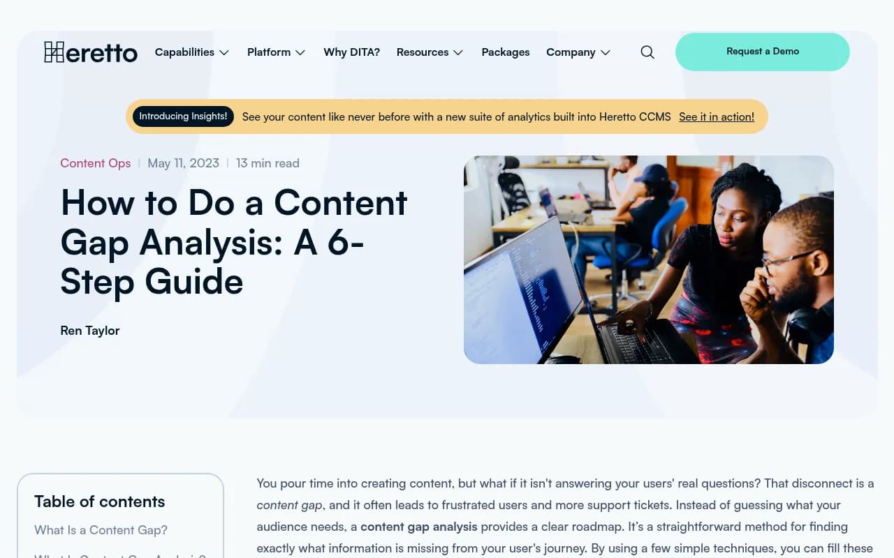 Content gap analysis guide from Heretto showing a structured approach to identifying and filling content gaps