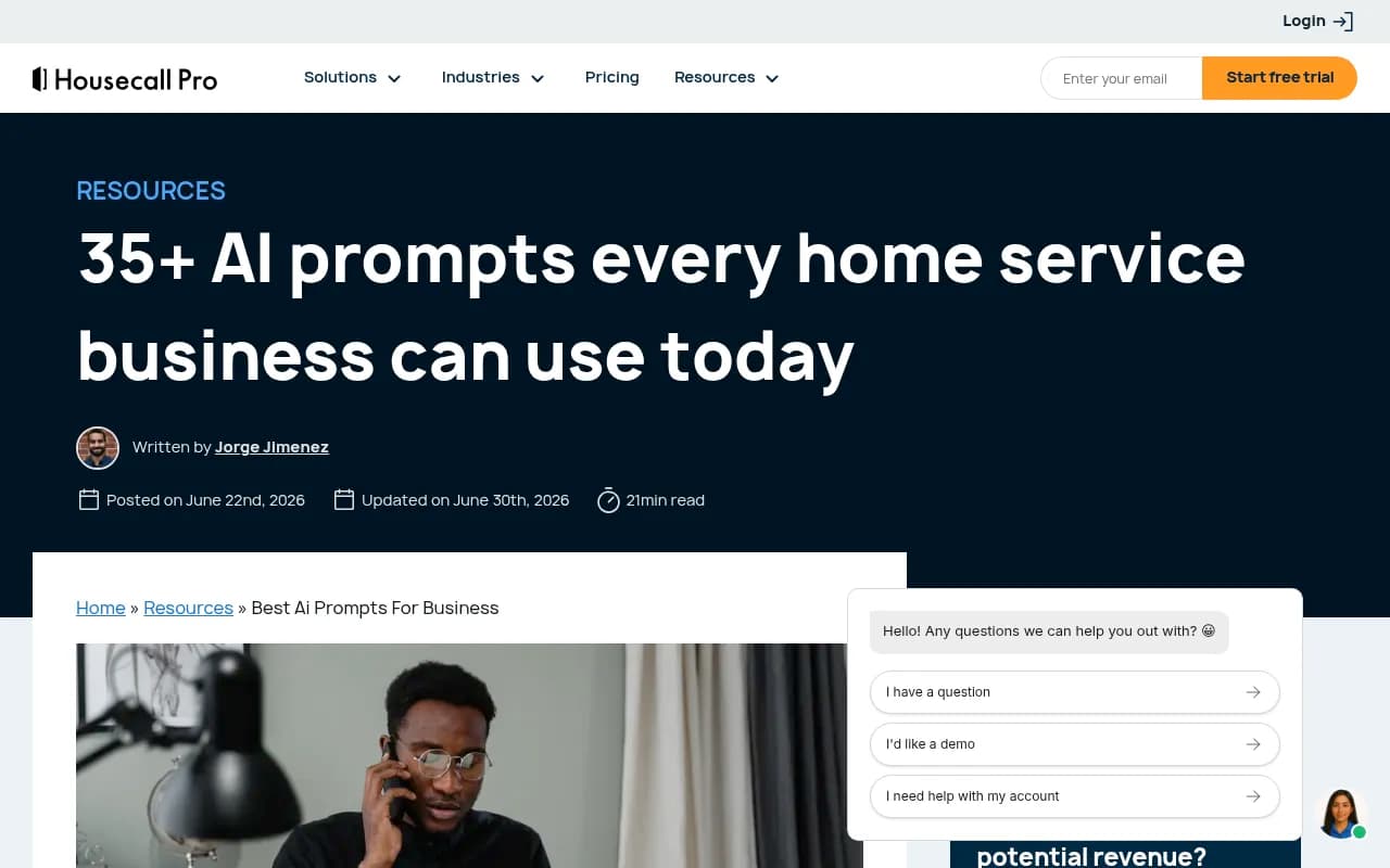 Housecall Pro's guide to AI prompts for home service businesses, useful for seeding service-type ideas