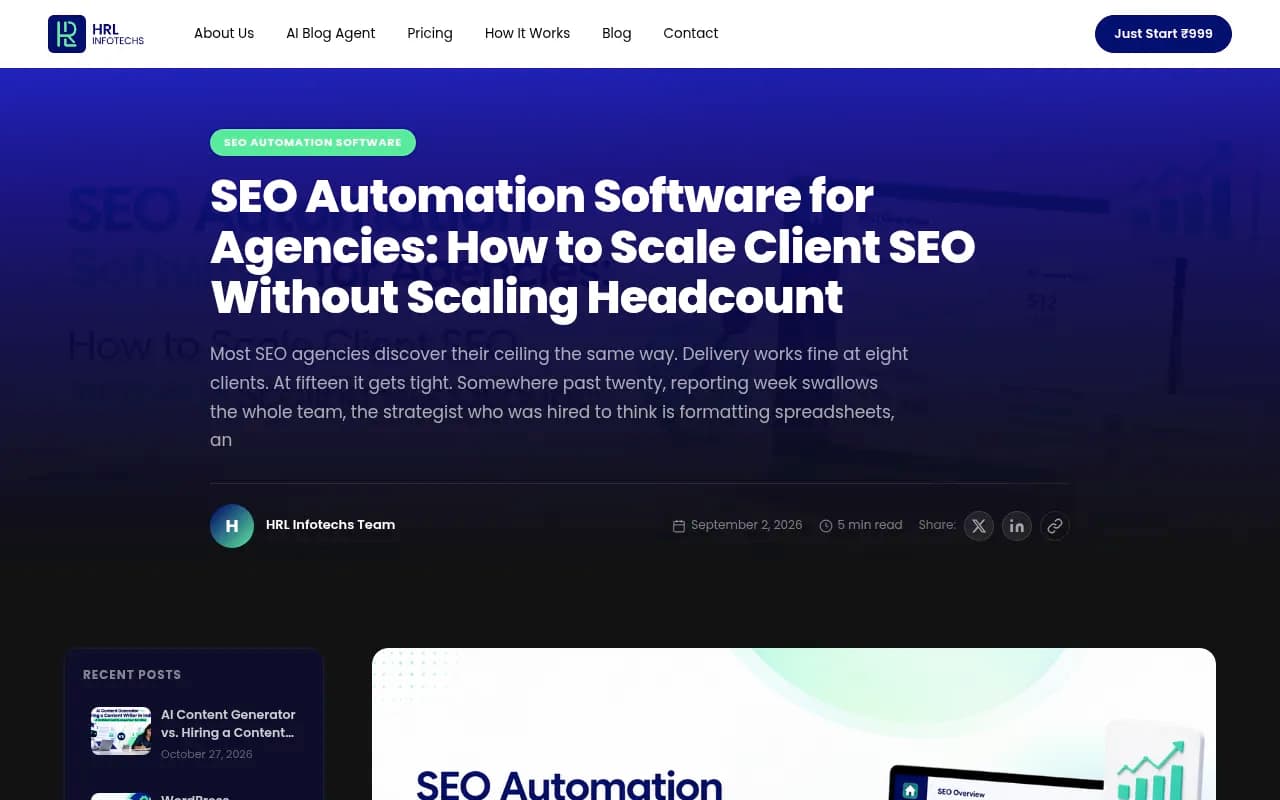 HRL Infotechs article on SEO automation software for agencies and scaling without headcount