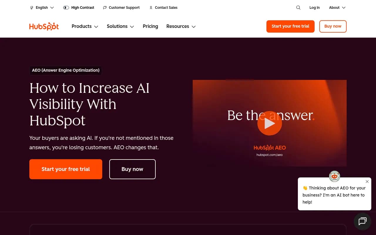 HubSpot's AEO guide showing brand visibility scoring and AI search optimization approach