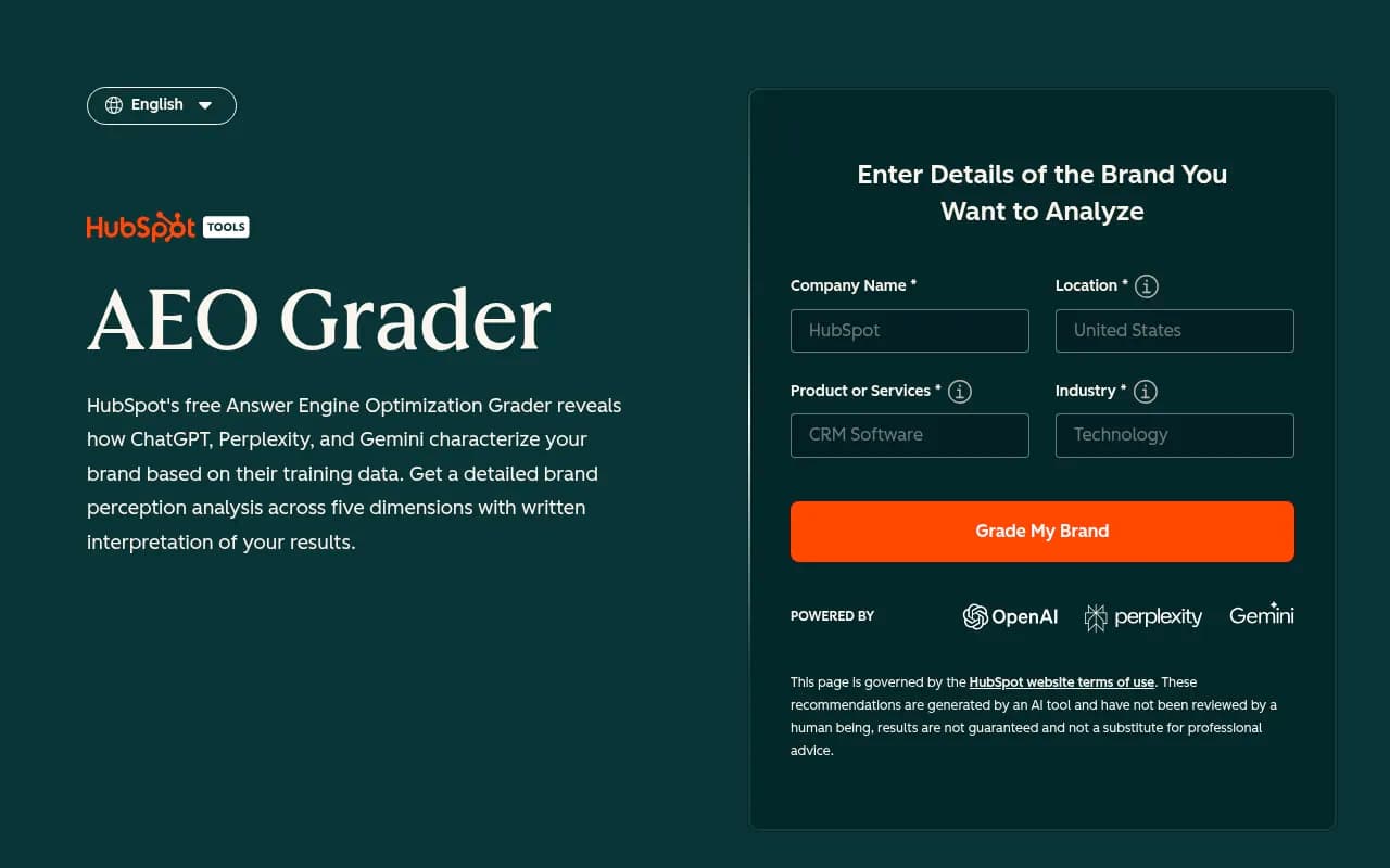 HubSpot AEO Grader interface showing brand analysis input fields for company name, location, product/services, and industry